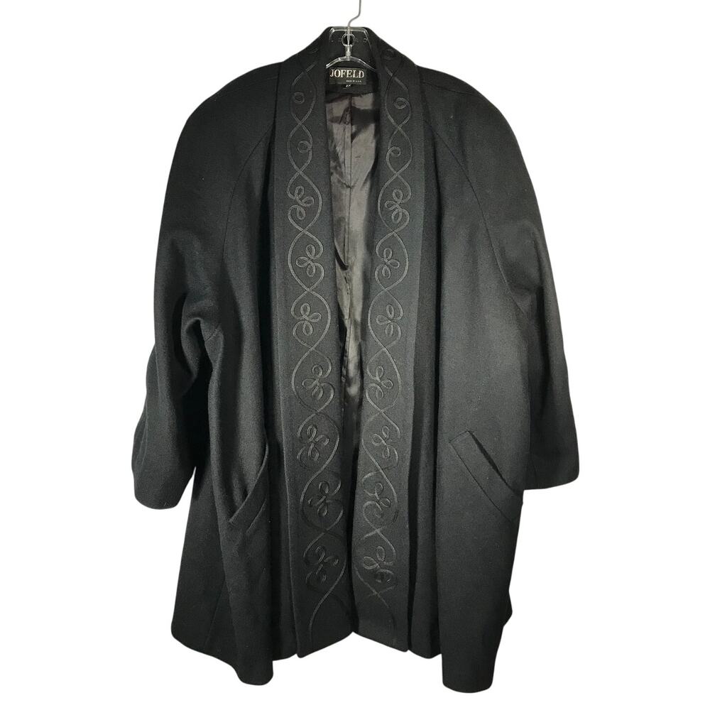 Vintage Jofeld Coat 2X Womens Wool Black Swing Twill Design Trim Collar Lapel